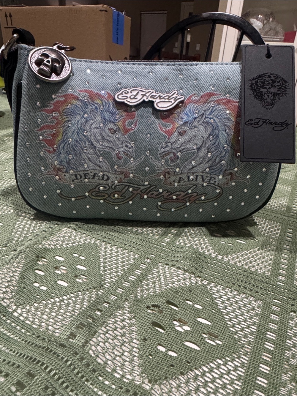 Ed Hardy Mint Blue Studded Shoulder Bag with Twin Horse Graphic